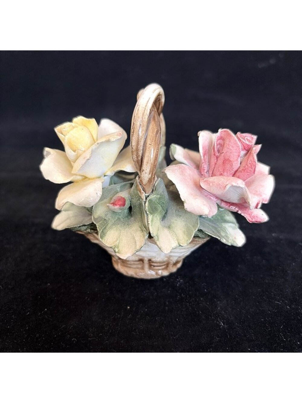 Vintage Nuova Capodimonte Italy Porcelain Flower Basket Pink Yellow Roses 3"
